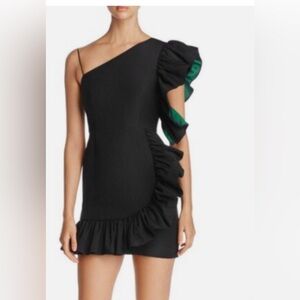 NWT [$495] Sandro Kemila Noir/Black and Green One-Shoulder Mini Dress. Size 1